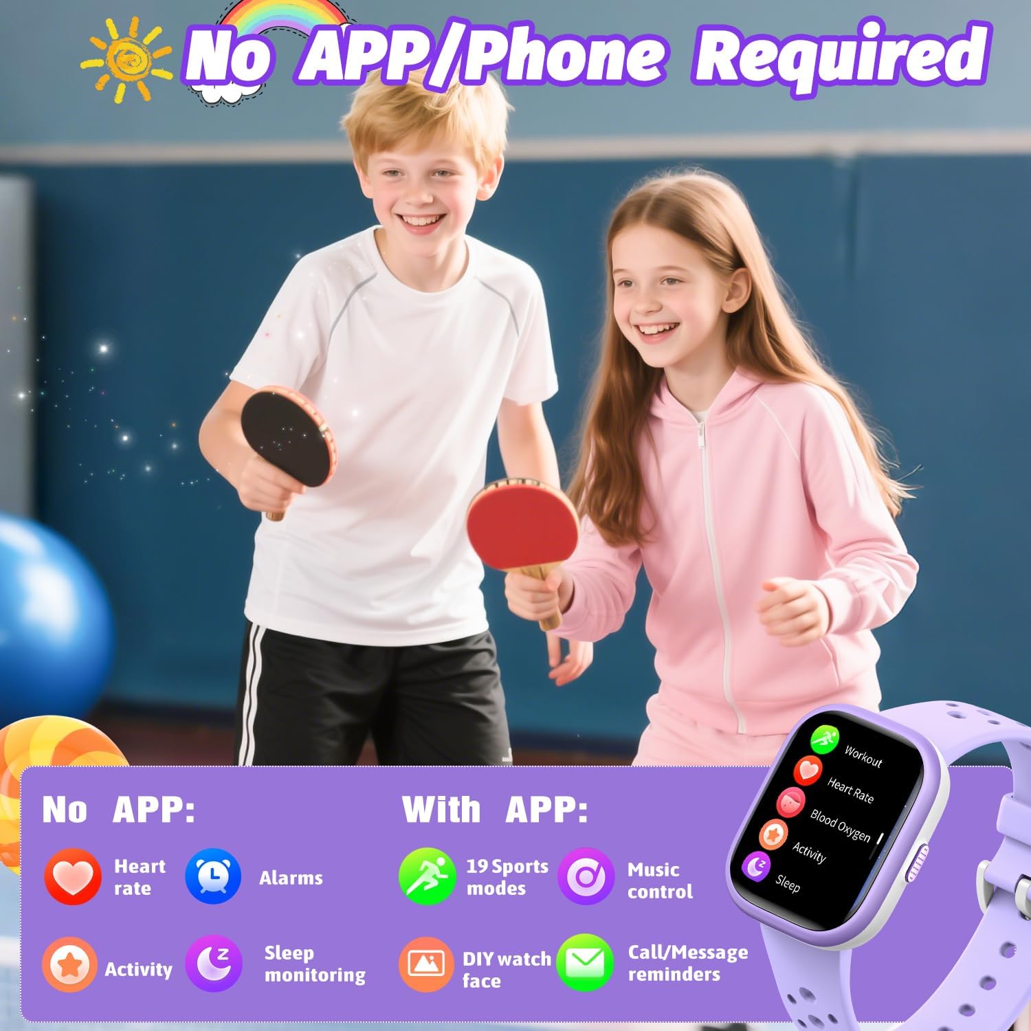 Kids Smart Watch for Girls Boys,IP68 Waterproof Kids Fitness Tracker Watch with 1.83" Face,Heart Rate Sleep Monitor,19 Sport Modes,Puzzle Games with APP,Great Gifts for Teens 6+ (Purple)