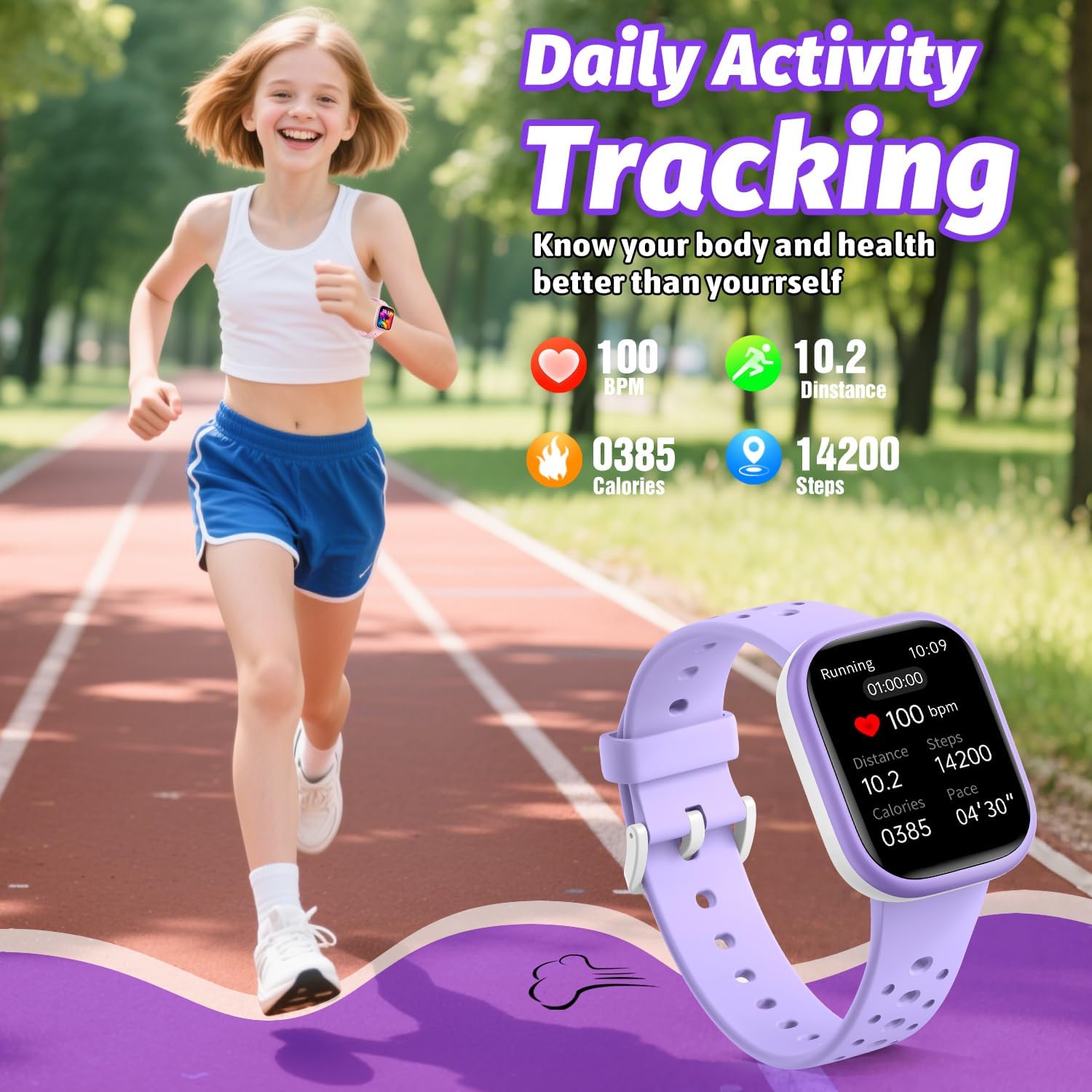 Kids Smart Watch for Girls Boys,IP68 Waterproof Kids Fitness Tracker Watch with 1.83" Face,Heart Rate Sleep Monitor,19 Sport Modes,Puzzle Games with APP,Great Gifts for Teens 6+ (Purple)