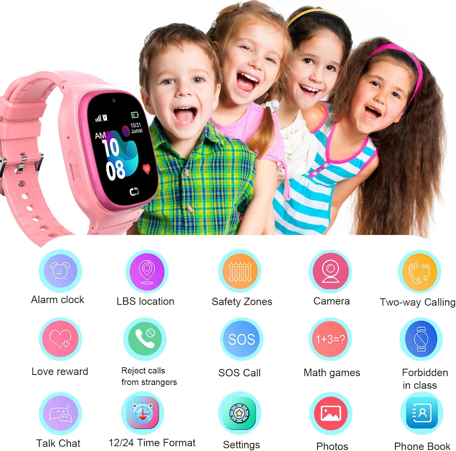 Kids Smart Watch LBS Tracker - Boys Girls Smartwatches for 3-12 Year Old with SOS Camera Alarm Call Camera Class Non Disturb 12 Time Format 1.44'' Touch Screen SOS Electronic Toy Birthday Gifts (Pink)