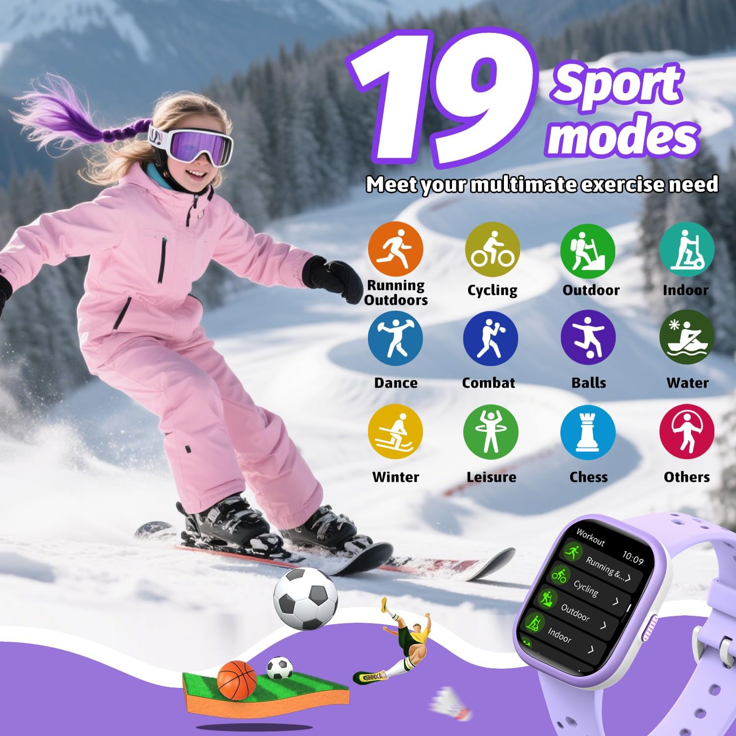 Kids Smart Watch for Girls Boys,IP68 Waterproof Kids Fitness Tracker Watch with 1.83" Face,Heart Rate Sleep Monitor,19 Sport Modes,Puzzle Games with APP,Great Gifts for Teens 6+ (Purple)