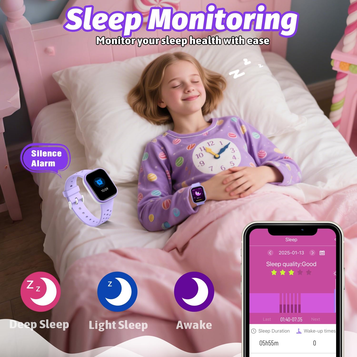 Kids Smart Watch for Girls Boys,IP68 Waterproof Kids Fitness Tracker Watch with 1.83" Face,Heart Rate Sleep Monitor,19 Sport Modes,Puzzle Games with APP,Great Gifts for Teens 6+ (Purple)