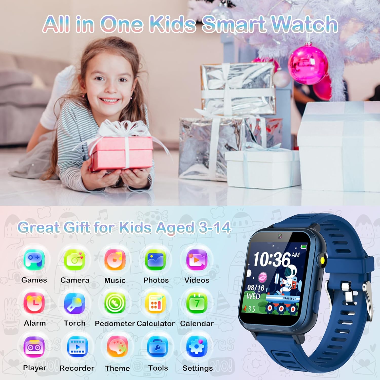 Smart Watch for Kids Age 3-12, Kids Smart Watch Boys with 24 Games HD Touch Screen Pedometer Camera Music Player Alarm Clock Flashlight 12/24 hr Toys for 6 7 8 9 10 Year Old Boy Birthday Gift